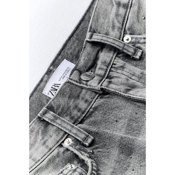 NWT Zara light wash black sparkle embellished mid rise straight leg jeans, 10 - Picture 9 of 15